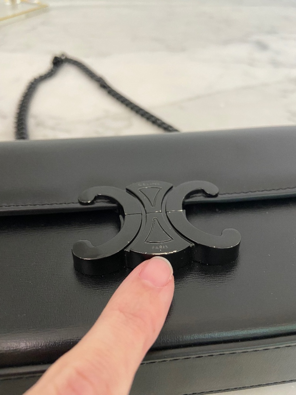 Auth Celine Leather Black on Black Triomphe Bag Chain Strap Black Metal Hardware - Picture 10 of 17